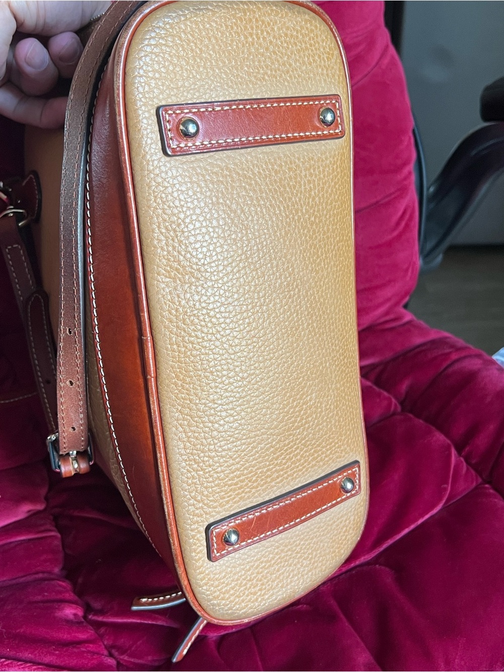 Dooney & Bourke Tan Pebble Leather Satchel crossbody with Brown Trim long strap - Picture 7 of 16